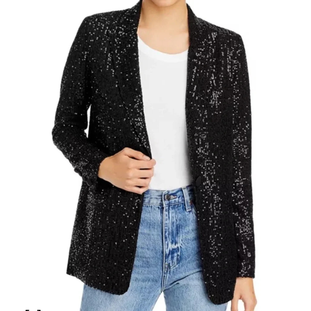 Aqua Sequins Black Blazer All Over Sequins Fancy‎ Size XS Shoulder Pads Sequence